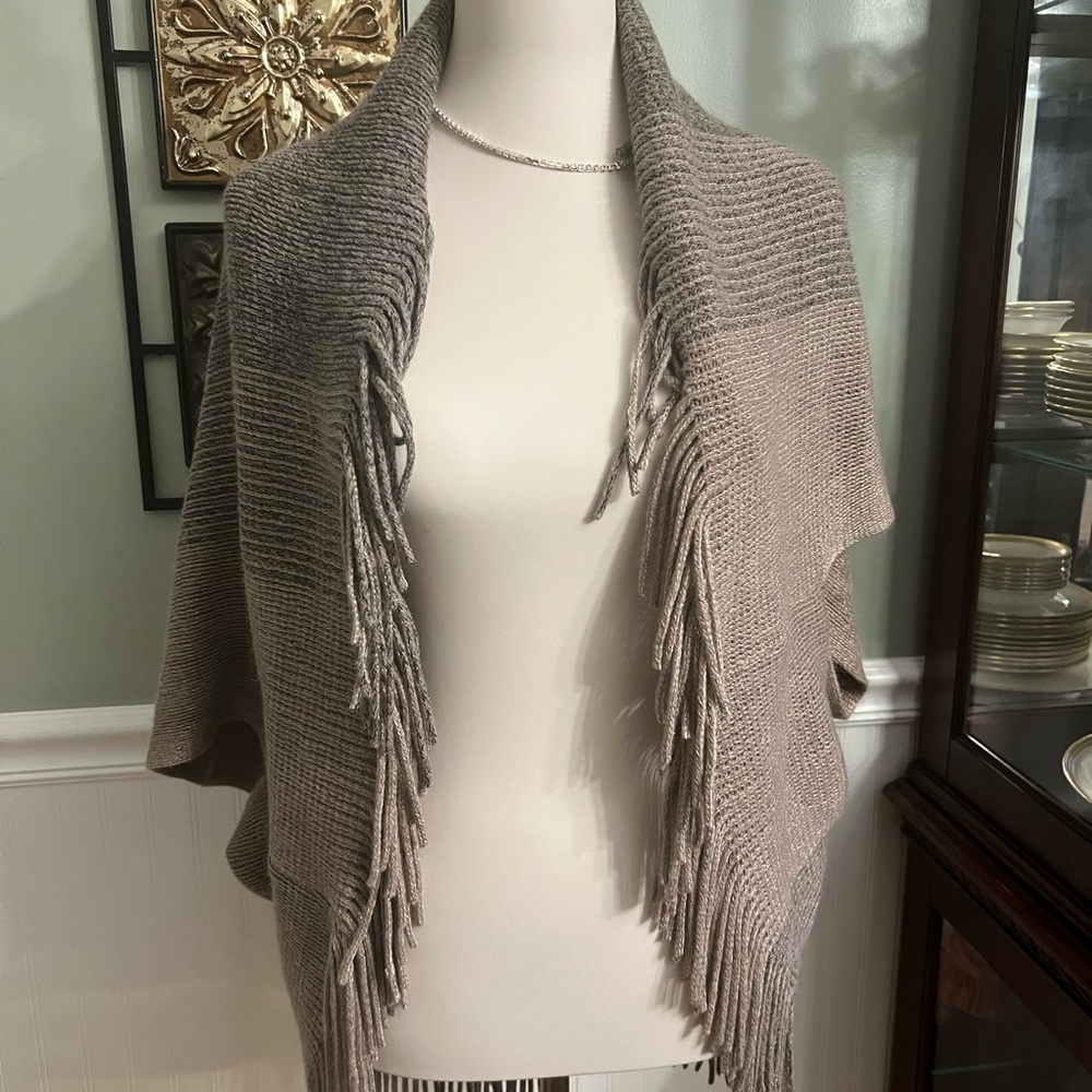 Fringed Knit Shawl in Taupe and Gray